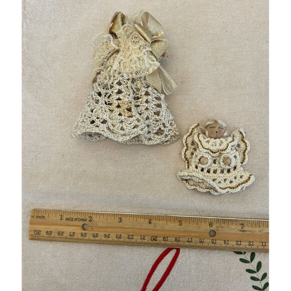 Handmade Starched Crocheted Angel Bell Ornament Set Gold Accents Lace Detail - Picture 3 of 3